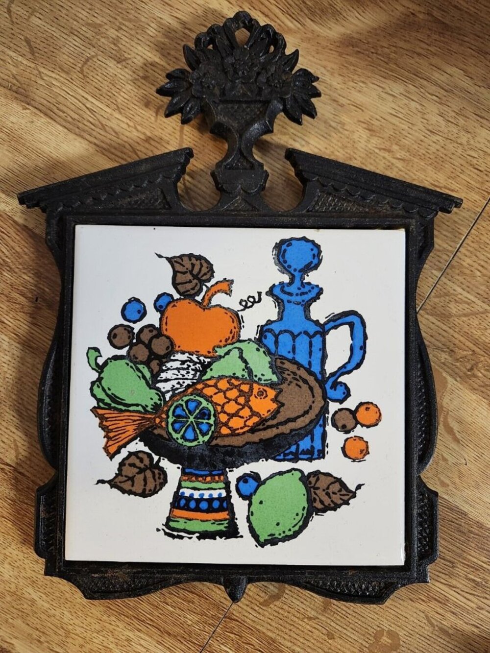 Cast Iron Vintage Trivet Ceramic Tile Hot Plate Home Decor Bright Colors